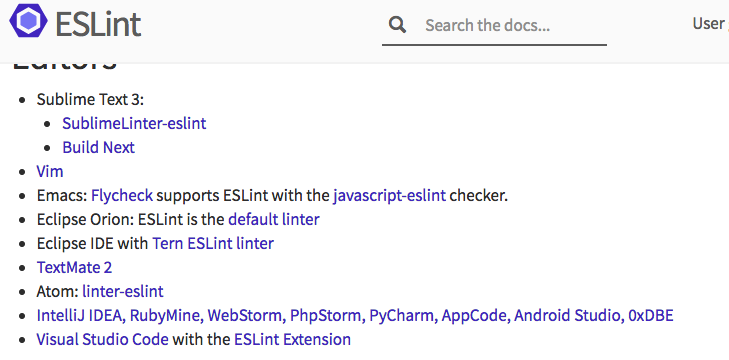 Screenshot of ESLint editor integrations list